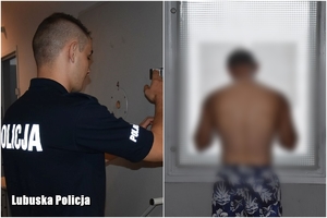 policjant otwierający drzwi i zatrzymany mężczyzna